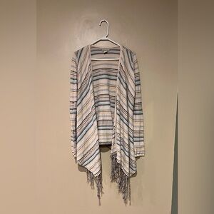Lucky Brand Sweater Women M Beige Open Cardigan Fringe Southwestern Boho Knit